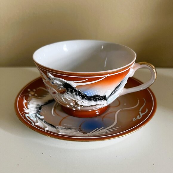 Orange Lithophane Geisha Dragonware Demitasse Teacup & Saucer - Picture 1 of 4